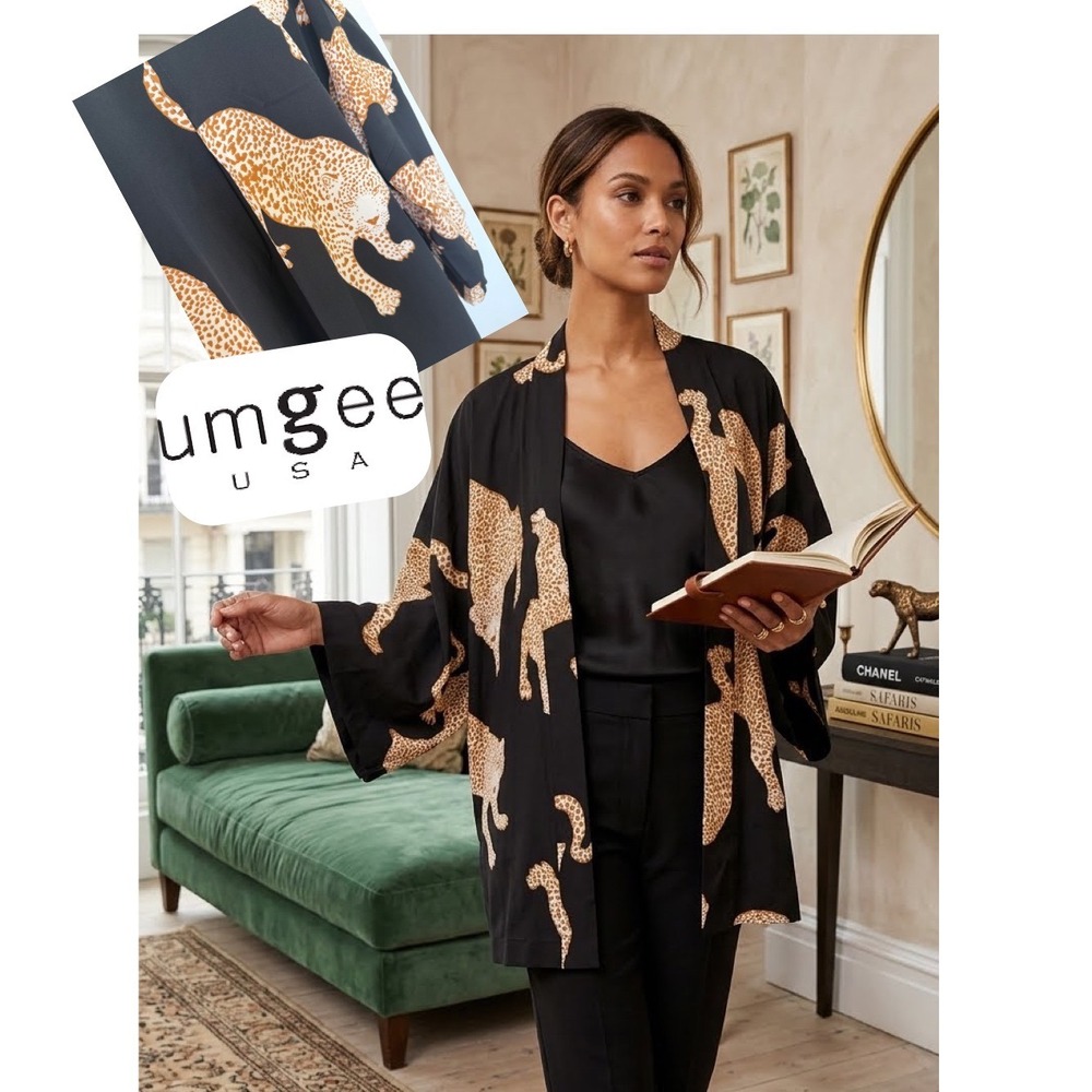 Umgee Leopard Print Kimono Wrap Open Front Cardigan Black Tan S/M Baddie core